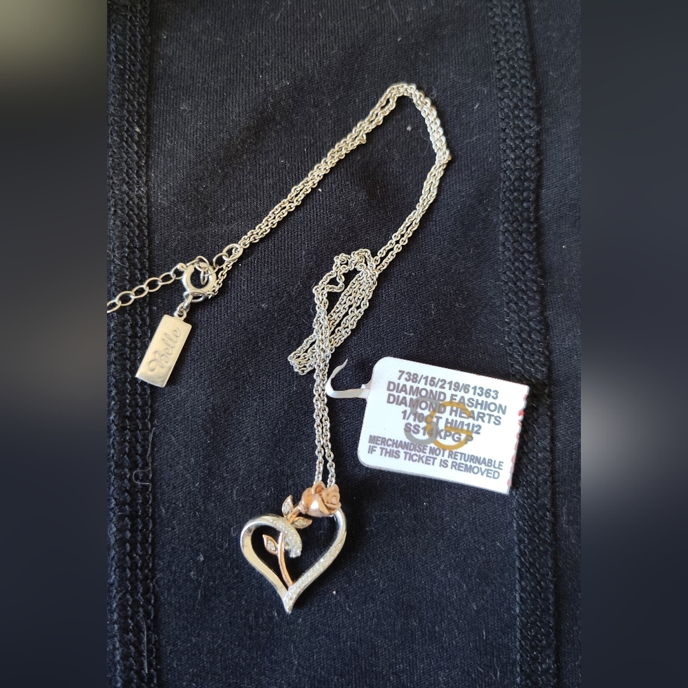 Disney 'Belle' Diamond Heart & Rose Necklace - 925 Silver and 14K Gold